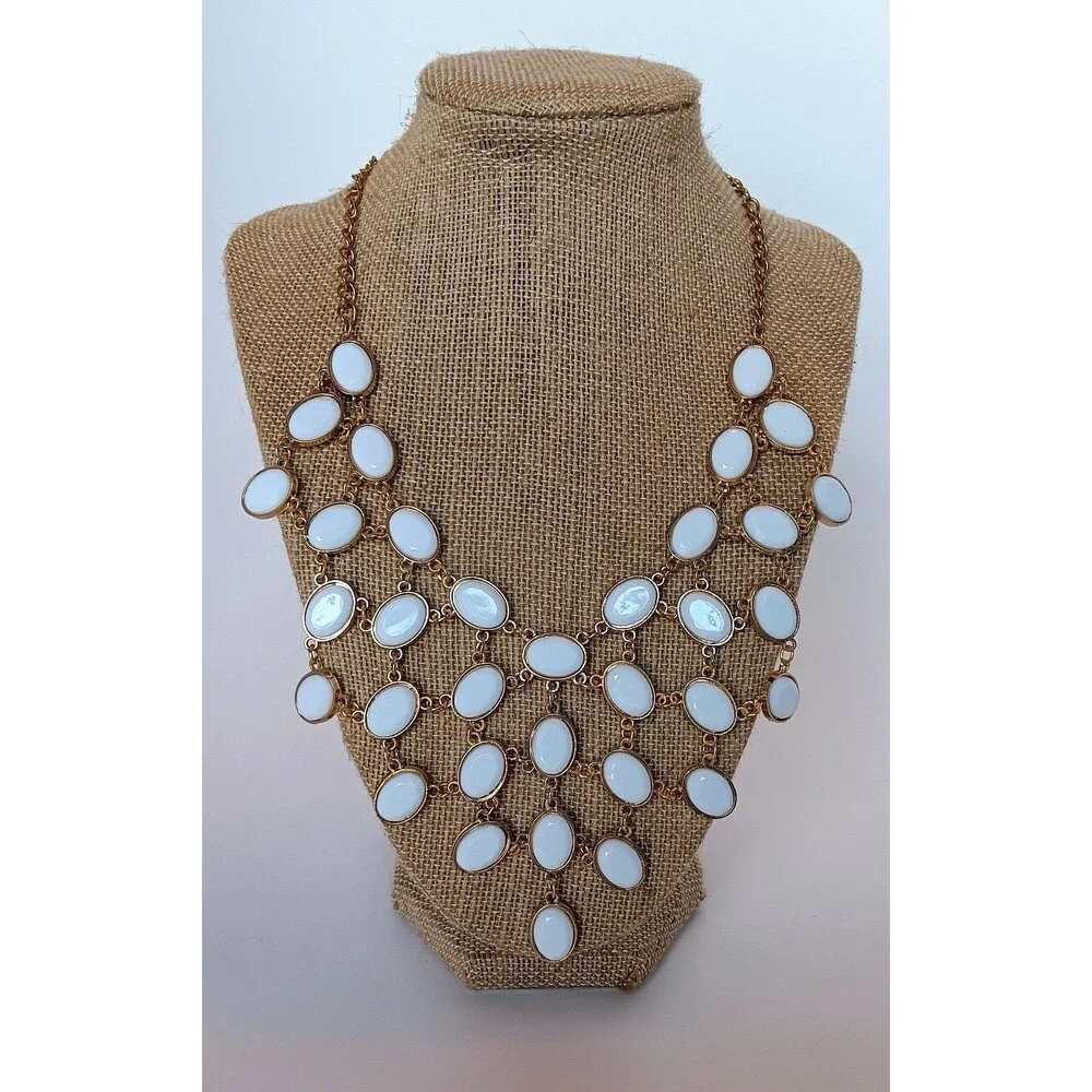Vintage White Cabochon Bib Necklace Gold Tone Statement Necklace 16-19 in